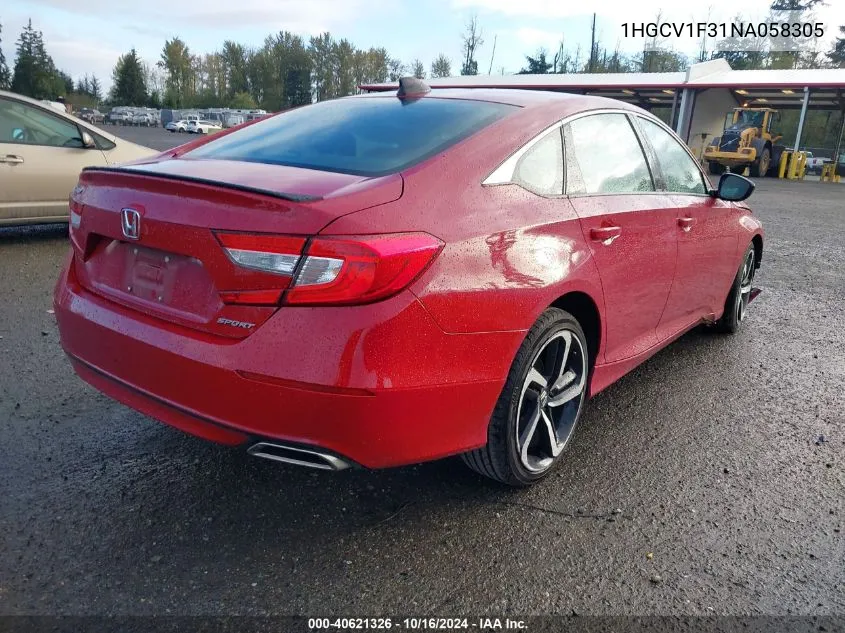 2022 Honda Accord Sport VIN: 1HGCV1F31NA058305 Lot: 40621326