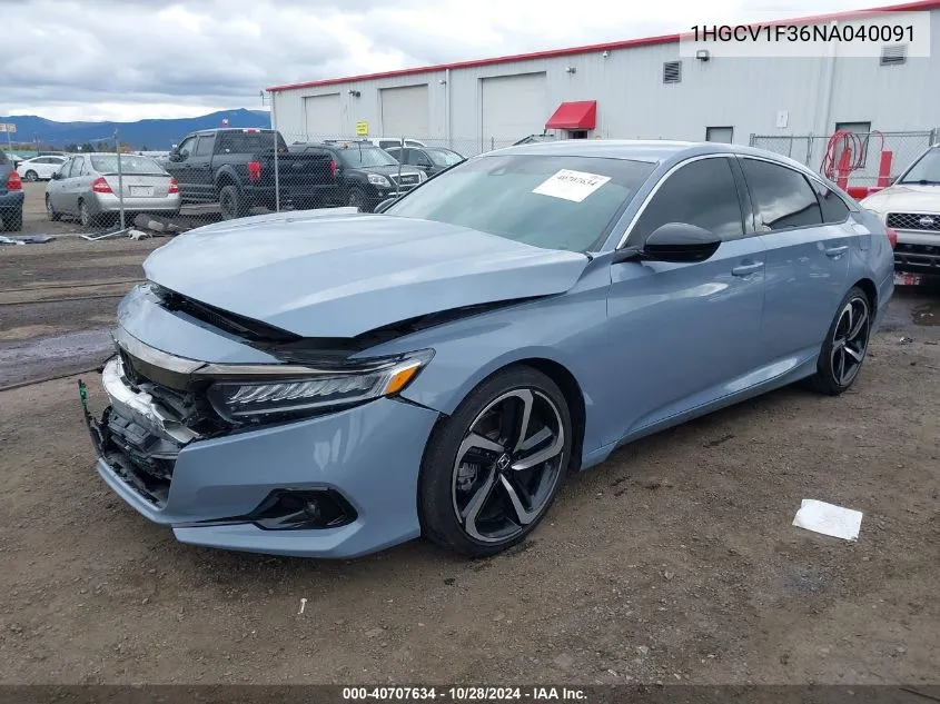 2022 Honda Accord Sport VIN: 1HGCV1F36NA040091 Lot: 40707634