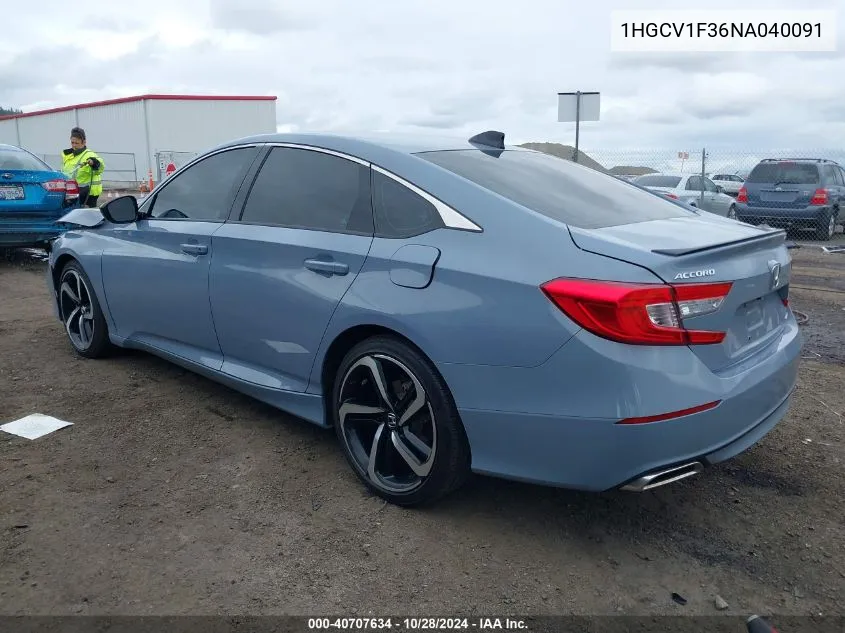 2022 Honda Accord Sport VIN: 1HGCV1F36NA040091 Lot: 40707634