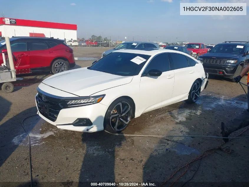 2022 Honda Accord Sport 2.0T VIN: 1HGCV2F30NA002605 Lot: 40709840