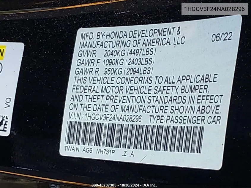 2022 Honda Accord Hybrid Sport VIN: 1HGCV3F24NA028296 Lot: 40737305