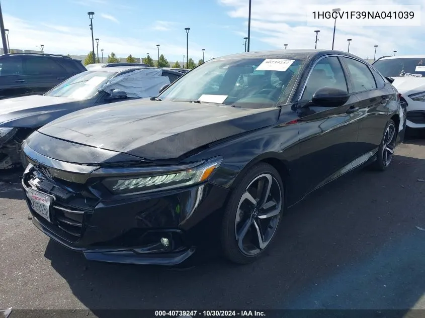 2022 Honda Accord Sport VIN: 1HGCV1F39NA041039 Lot: 40739247