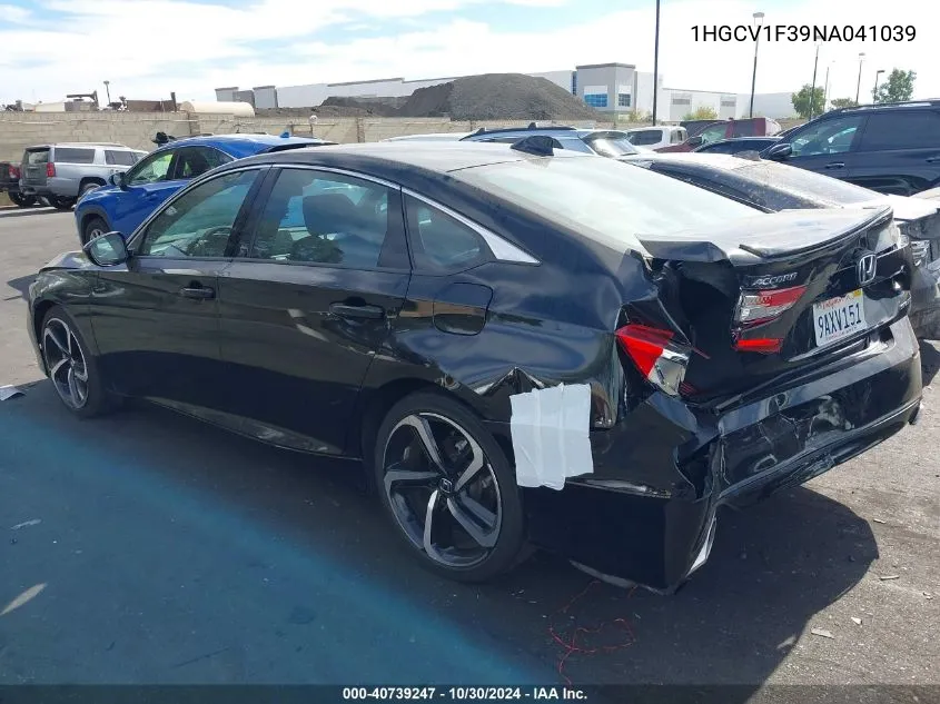 2022 Honda Accord Sport VIN: 1HGCV1F39NA041039 Lot: 40739247