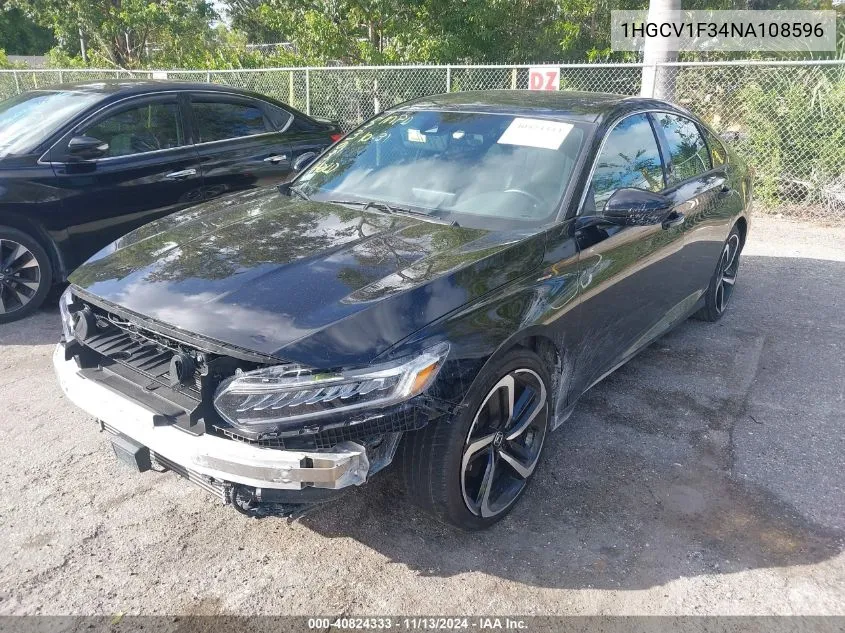 2022 Honda Accord Sport VIN: 1HGCV1F34NA108596 Lot: 40824333