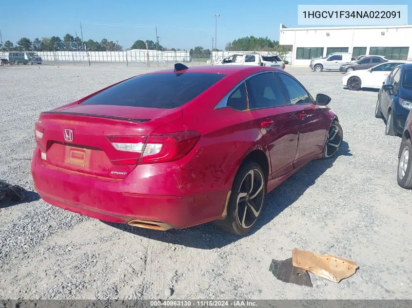 2022 Honda Accord Sport VIN: 1HGCV1F34NA022091 Lot: 40863130