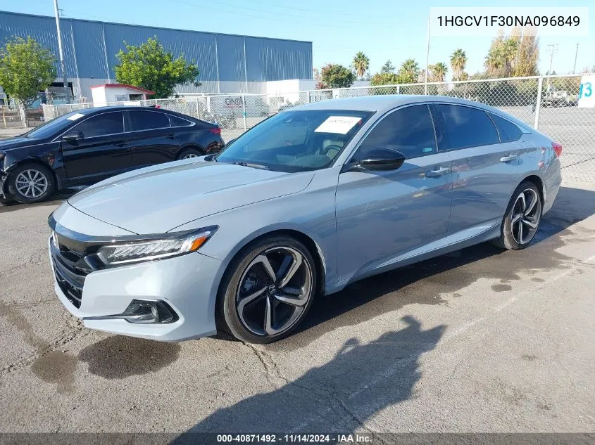 2022 Honda Accord Sport VIN: 1HGCV1F30NA096849 Lot: 40871492