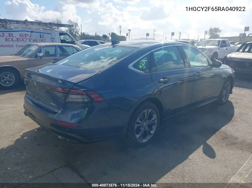 2024 Honda Accord Hybrid Ex-L VIN: 1HGCY2F65RA040922 Lot: 40873576