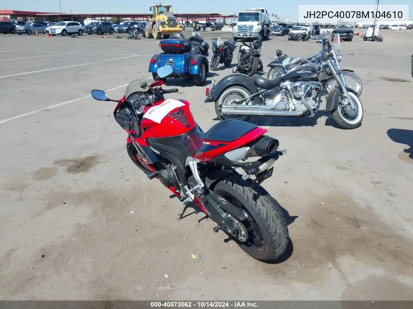 2008 Honda Cbr600 Rr VIN: JH2PC40078M104610 Lot: 40573062