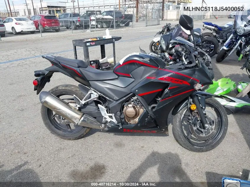 2018 Honda Cbr300 R VIN: MLHNC5118J5400052 Lot: 40716214