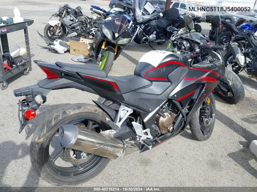 2018 Honda Cbr300 R VIN: MLHNC5118J5400052 Lot: 40716214