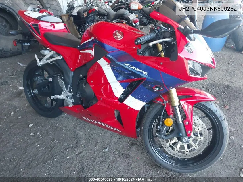 2022 Honda Cbr600 Rr VIN: JH2PC40J3NK800252 Lot: 40546629