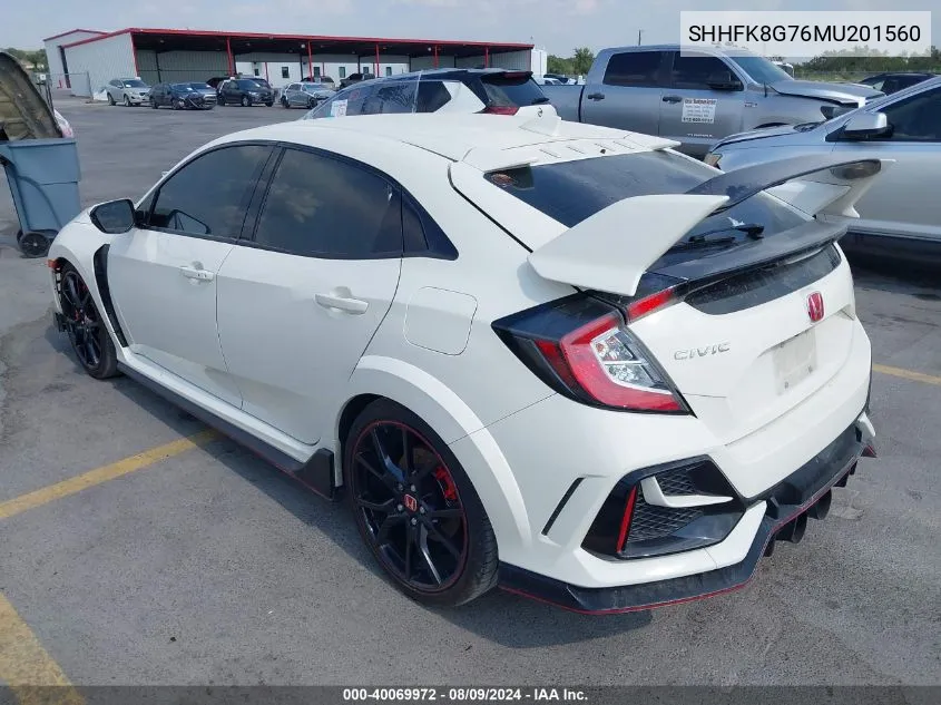 2021 Honda Civic Type R Touring VIN: SHHFK8G76MU201560 Lot: 40069972