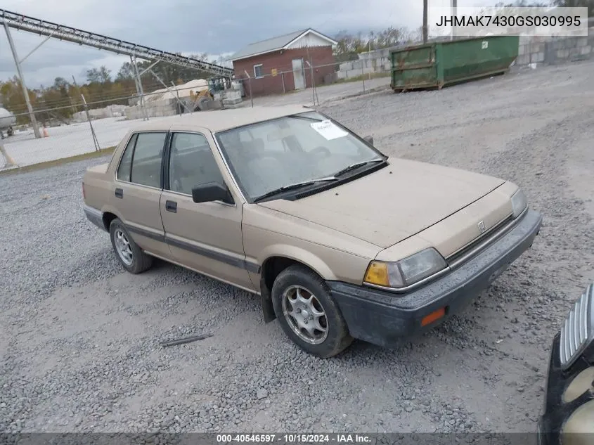 1986 Honda Civic 1500 S VIN: JHMAK7430GS030995 Lot: 40546597