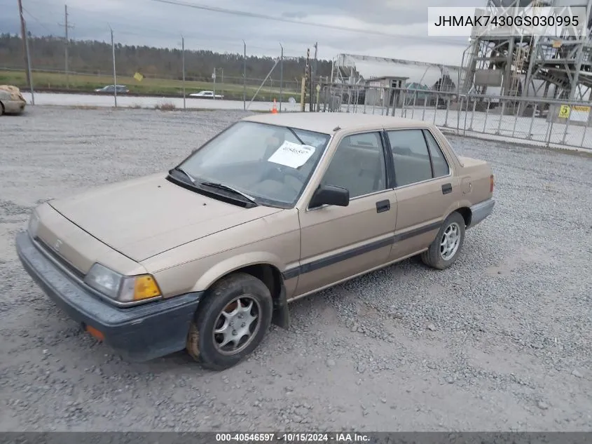 1986 Honda Civic 1500 S VIN: JHMAK7430GS030995 Lot: 40546597