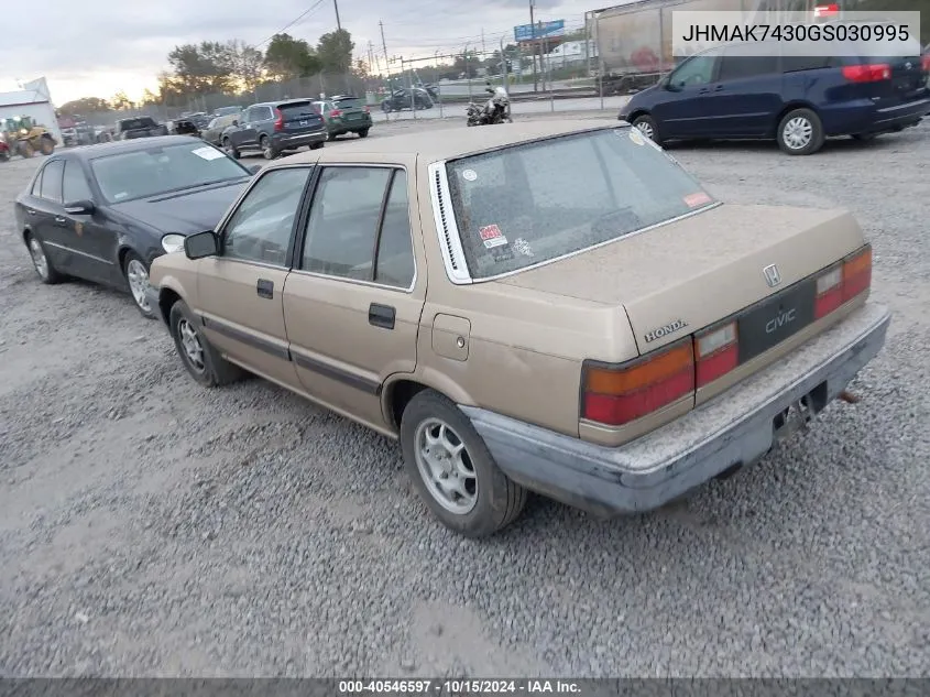 1986 Honda Civic 1500 S VIN: JHMAK7430GS030995 Lot: 40546597