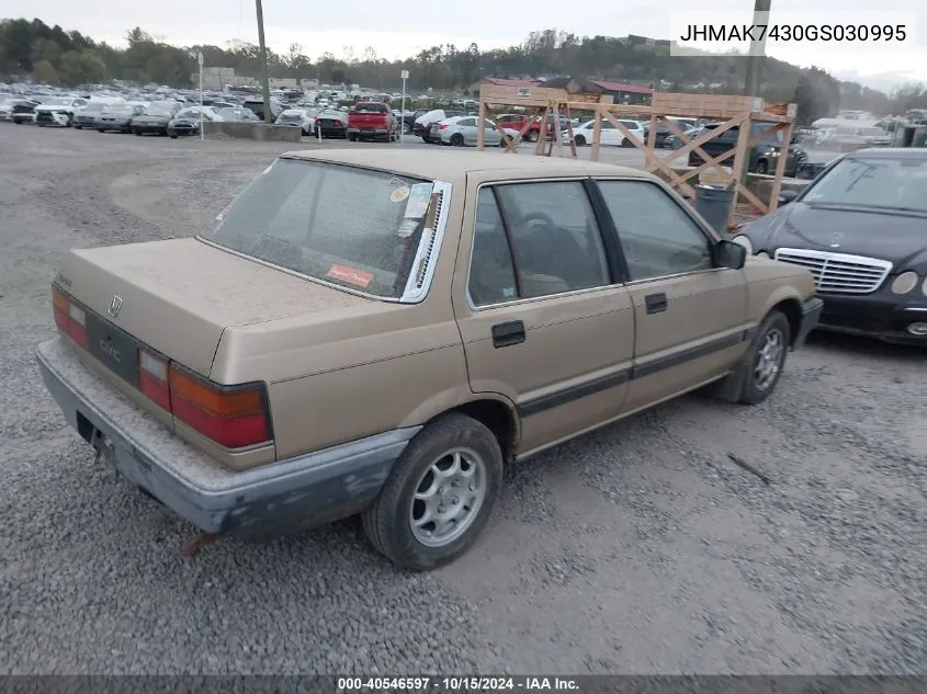 1986 Honda Civic 1500 S VIN: JHMAK7430GS030995 Lot: 40546597