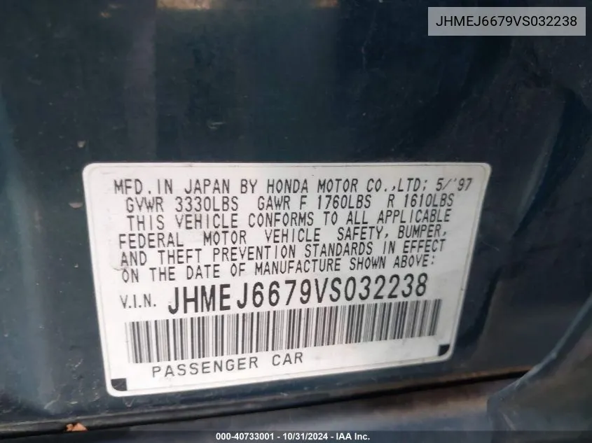 1997 Honda Civic Lx VIN: JHMEJ6679VS032238 Lot: 40733001