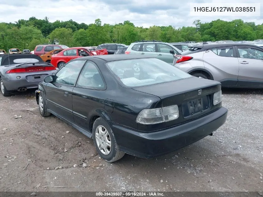 1998 Honda Civic Dx VIN: 1HGEJ6127WL038551 Lot: 39439507