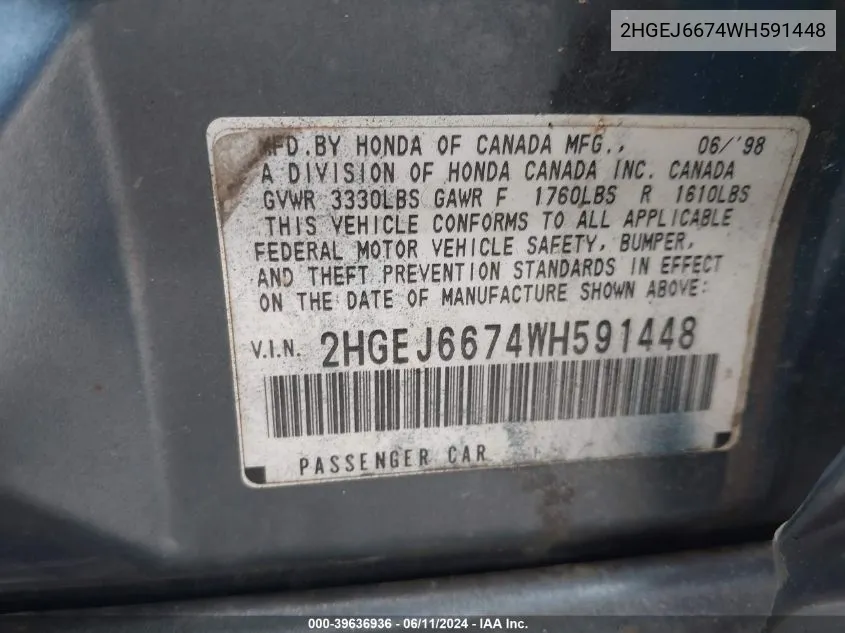 2HGEJ6674WH591448 1998 Honda Civic Lx