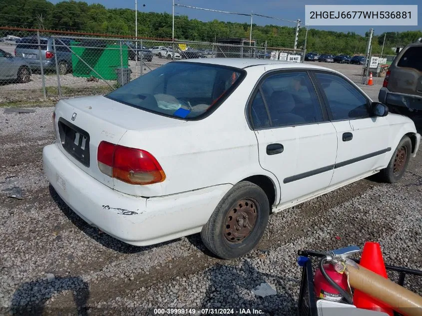 1998 Honda Civic Lx VIN: 2HGEJ6677WH536881 Lot: 39999149