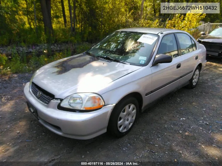 1998 Honda Civic Lx VIN: 2HGEJ6672WH510432 Lot: 40197116