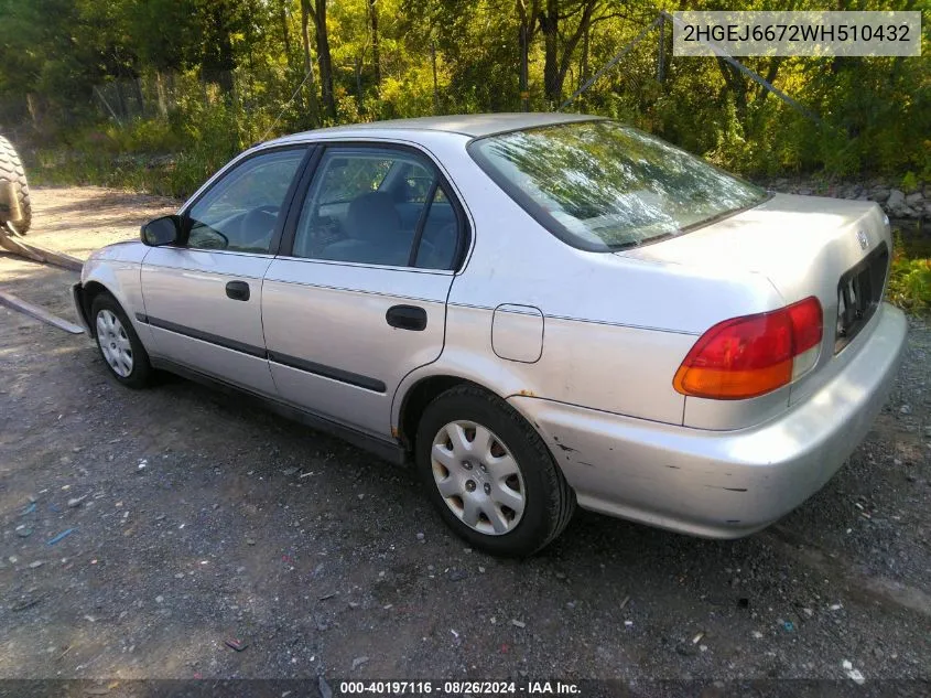 1998 Honda Civic Lx VIN: 2HGEJ6672WH510432 Lot: 40197116