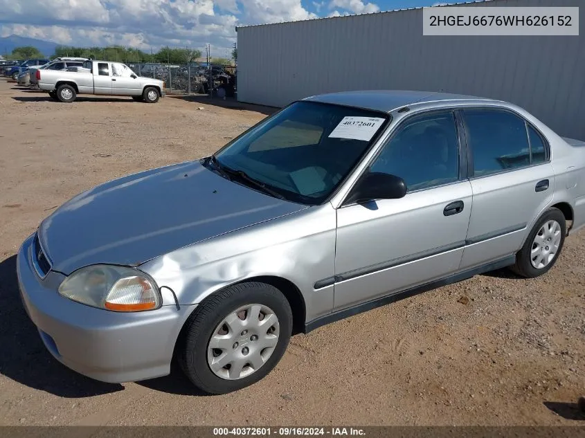 1998 Honda Civic Lx VIN: 2HGEJ6676WH626152 Lot: 40372601