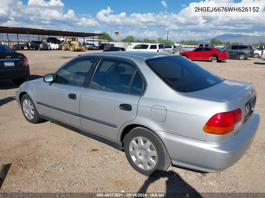 1998 Honda Civic Lx VIN: 2HGEJ6676WH626152 Lot: 40372601