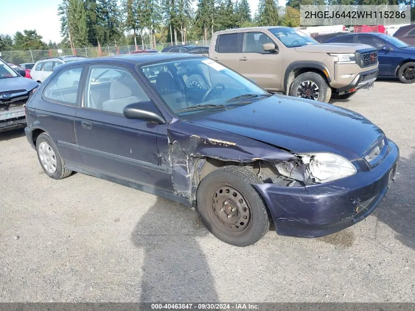 1998 Honda Civic Dx VIN: 2HGEJ6442WH115286 Lot: 40463847