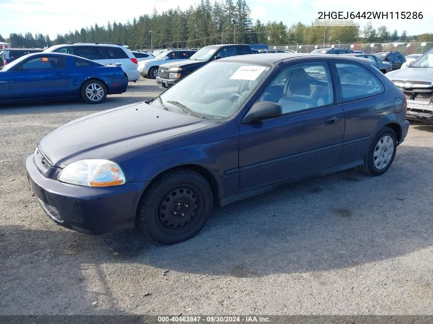 1998 Honda Civic Dx VIN: 2HGEJ6442WH115286 Lot: 40463847