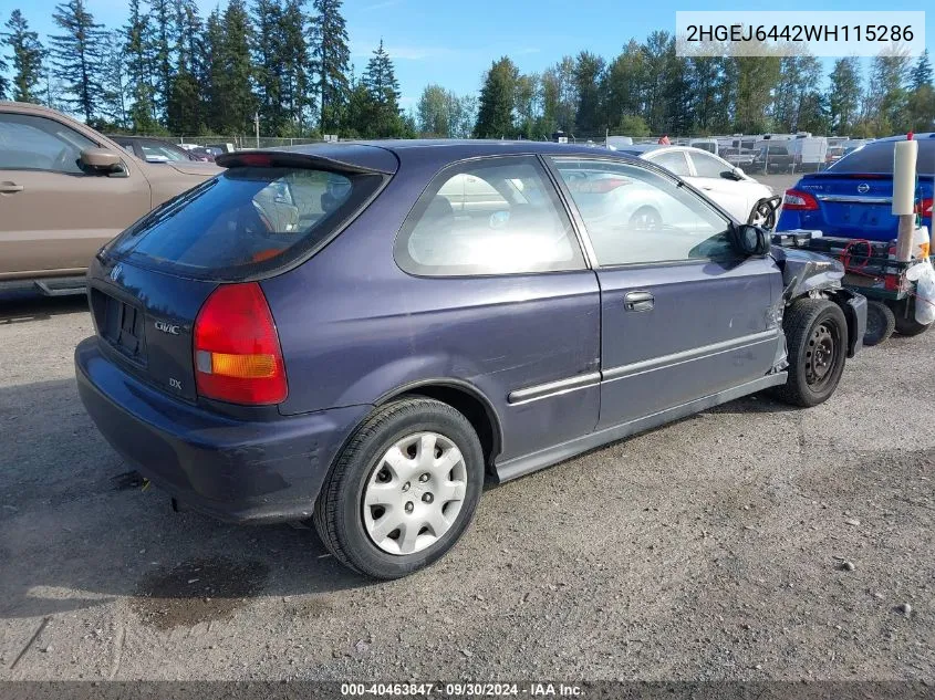 1998 Honda Civic Dx VIN: 2HGEJ6442WH115286 Lot: 40463847