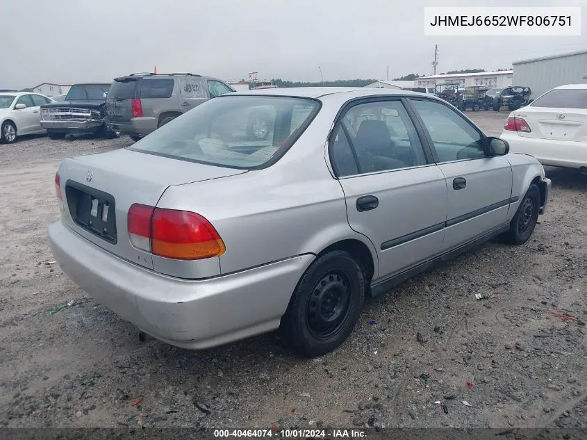 1998 Honda Civic Lx VIN: JHMEJ6652WF806751 Lot: 40464074