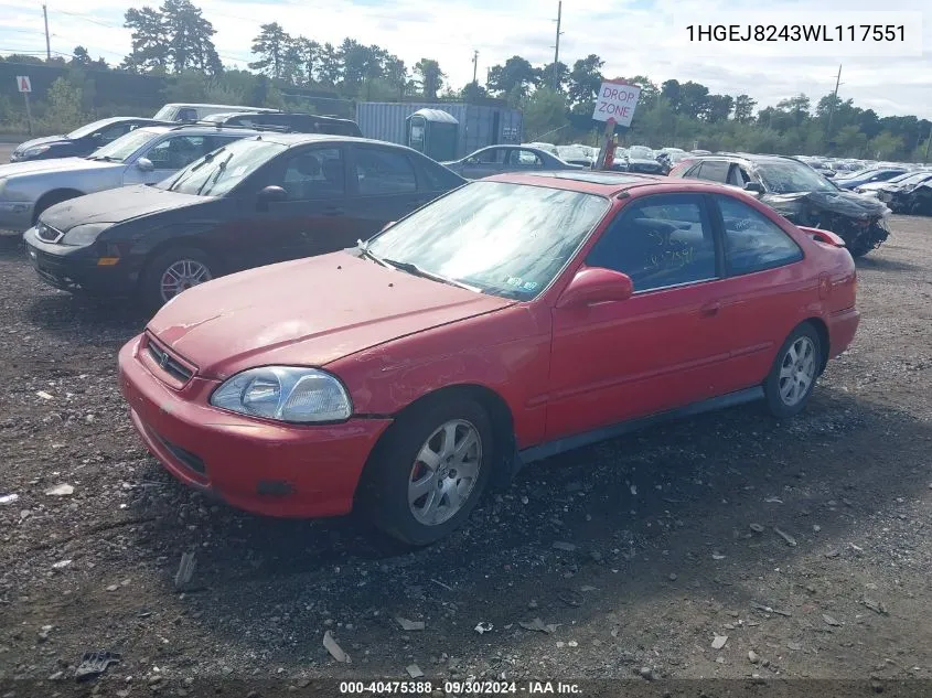 1998 Honda Civic Ex VIN: 1HGEJ8243WL117551 Lot: 40475388