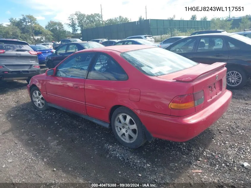 1998 Honda Civic Ex VIN: 1HGEJ8243WL117551 Lot: 40475388