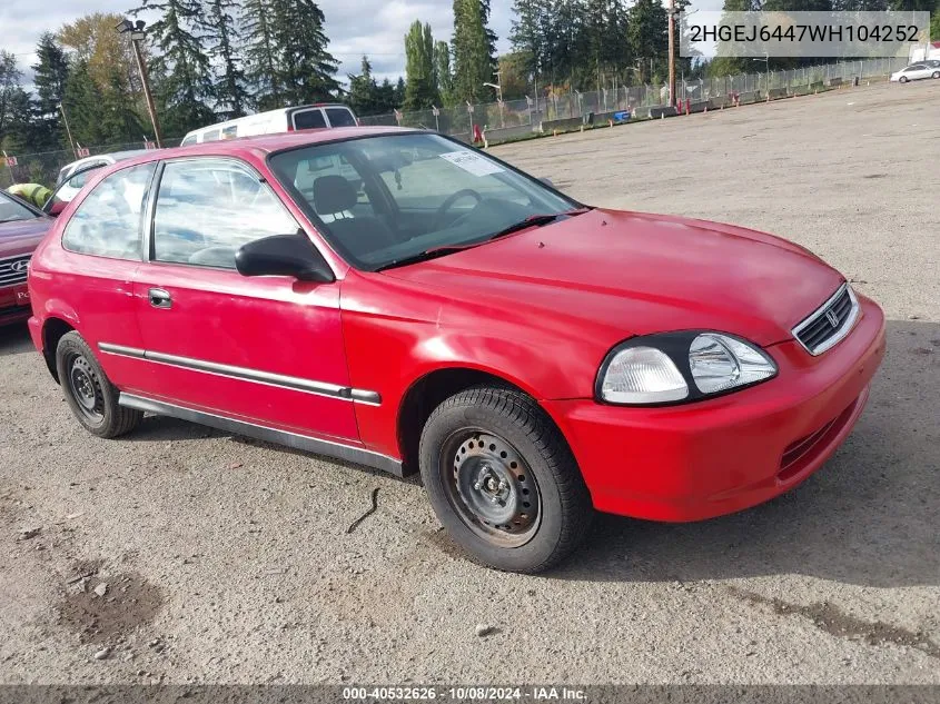 1998 Honda Civic Dx VIN: 2HGEJ6447WH104252 Lot: 40532626