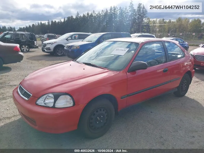 1998 Honda Civic Dx VIN: 2HGEJ6447WH104252 Lot: 40532626