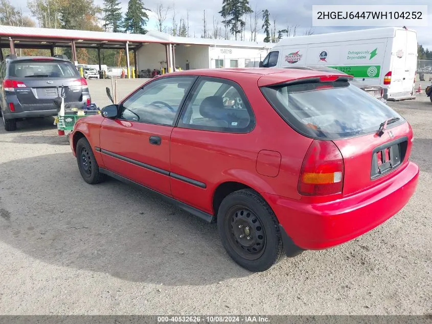 1998 Honda Civic Dx VIN: 2HGEJ6447WH104252 Lot: 40532626