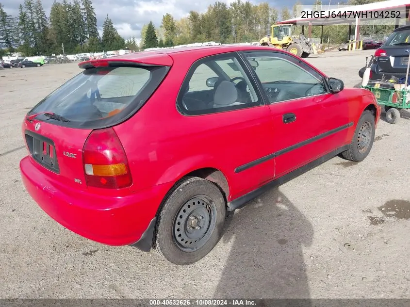 1998 Honda Civic Dx VIN: 2HGEJ6447WH104252 Lot: 40532626