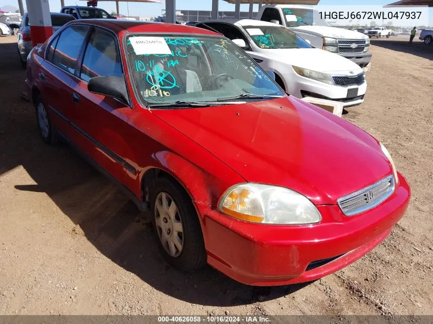 1998 Honda Civic Lx VIN: 1HGEJ6672WL047937 Lot: 40626058