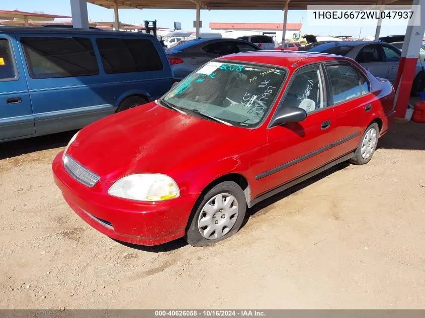 1998 Honda Civic Lx VIN: 1HGEJ6672WL047937 Lot: 40626058