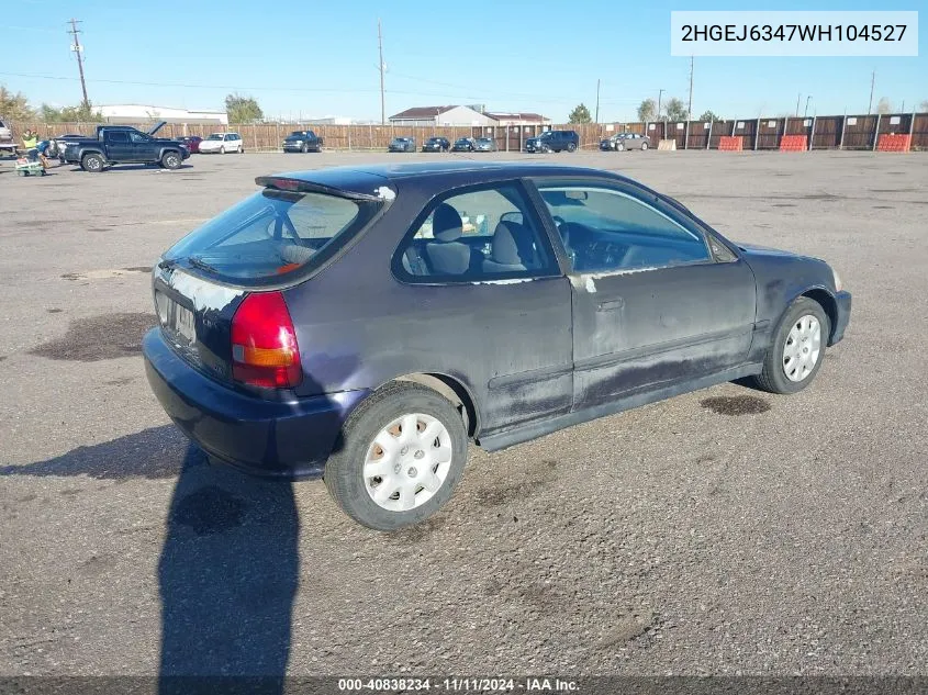 1998 Honda Civic Dx VIN: 2HGEJ6347WH104527 Lot: 40838234