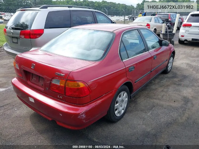 1999 Honda Civic Lx VIN: 1HGEJ6672XL031982 Lot: 39561150