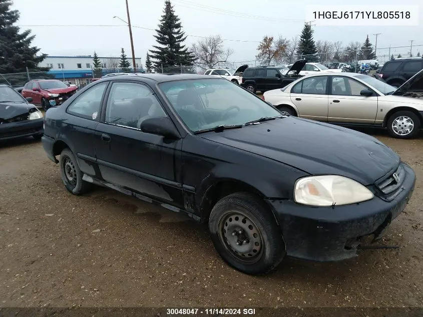 2000 Honda Civic Lx/Se VIN: 1HGEJ6171YL805518 Lot: 30048047