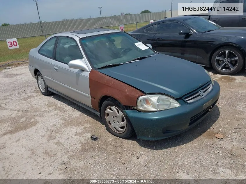 2000 Honda Civic Ex VIN: 1HGEJ8244YL114242 Lot: 39356773