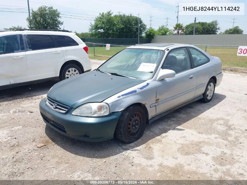 2000 Honda Civic Ex VIN: 1HGEJ8244YL114242 Lot: 39356773