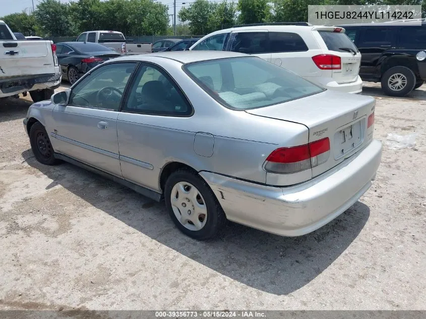 2000 Honda Civic Ex VIN: 1HGEJ8244YL114242 Lot: 39356773