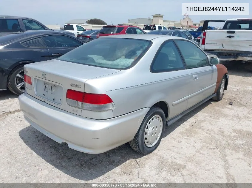 2000 Honda Civic Ex VIN: 1HGEJ8244YL114242 Lot: 39356773