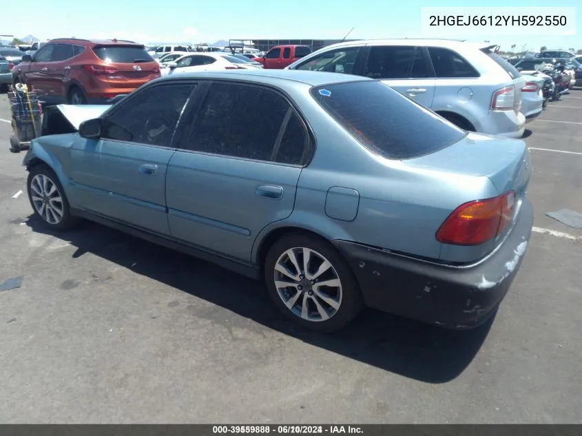 2000 Honda Civic Value Package VIN: 2HGEJ6612YH592550 Lot: 39559888