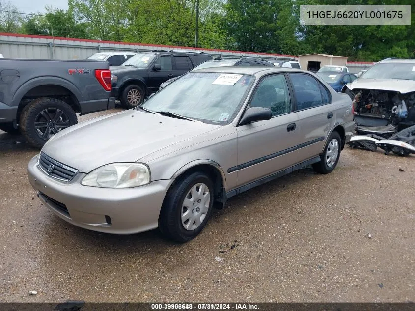 2000 Honda Civic Dx VIN: 1HGEJ6620YL001675 Lot: 39908648