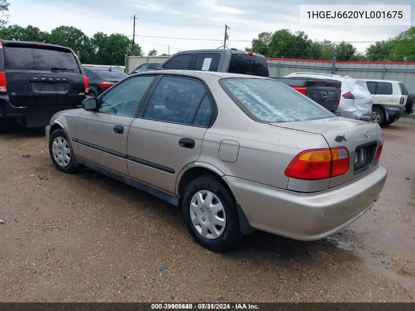 2000 Honda Civic Dx VIN: 1HGEJ6620YL001675 Lot: 39908648